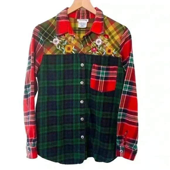 Blair Women’s Embroidered Patchwork Plaid Button-Up Shirt Country Boho Western - Picture 1 of 8
